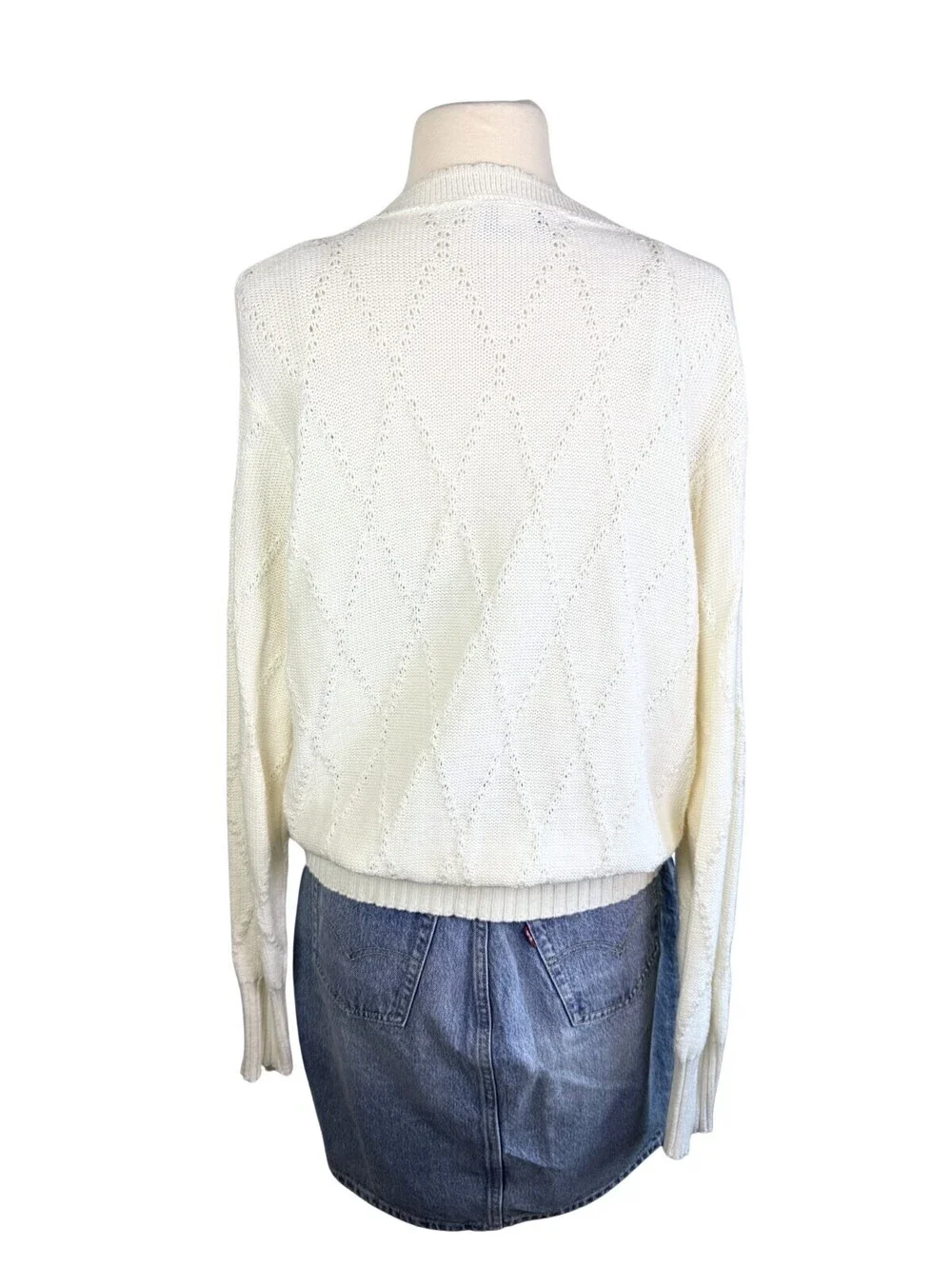 Vintage 90s White Pointelle Knit Cardigan USA Made Oversized Size M